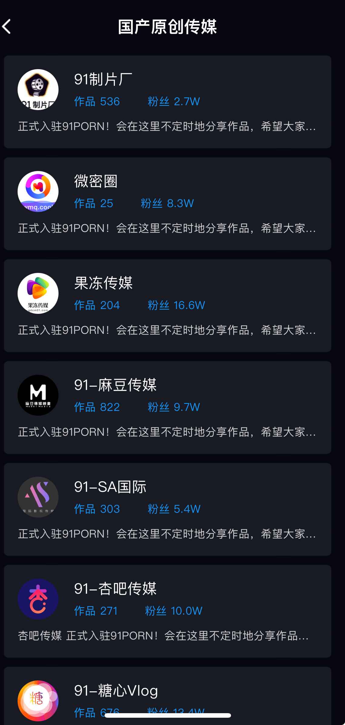 91PORN传媒品牌列表界面
